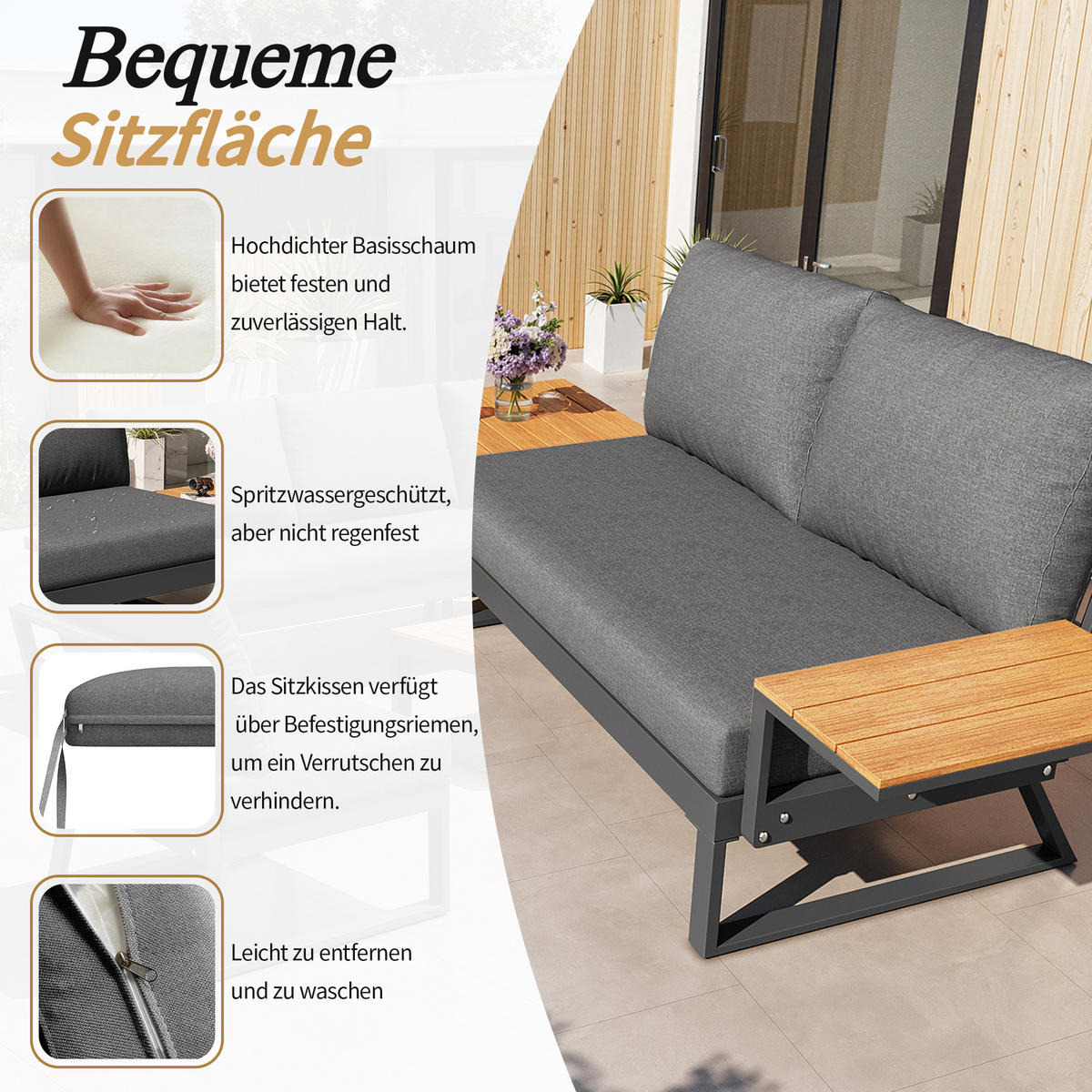 LOUNGESET, 7 Personen, Eisen, Ecksofa, Holztisch, Grau - Grau, Metall - FLIEKS