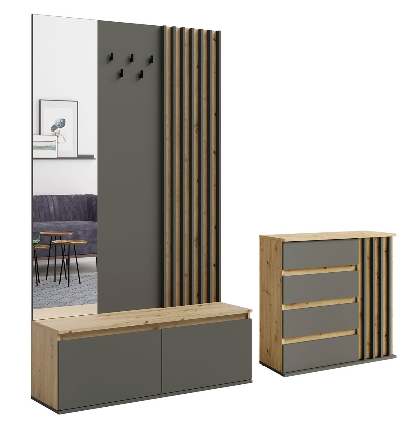 GARDEROBEN-SET Doris artisan eiche graphitgrau 200 cm / 34 cm / 202 cm - Anthrazit/Grau, Holz/Holzwerkstoff (200/202/34cm) - Feldmann-Wohnen