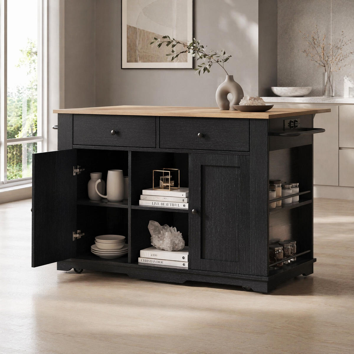 KÜCHENINSEL in Schwarz und Naturfarben Servierwagen mit Schubladen für Küche und Esszimmer, B151.5/T59.7/H91.7 cm - Schwarz/Naturfarben, Holzwerkstoff/Metall (151.5/91.7/59.7cm) - STILVORA