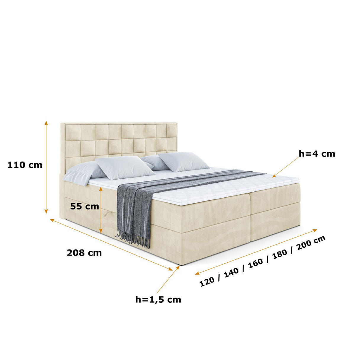 BOXBETT mit H4-Matratze und Lattenrost- ZAFIRA-BZ - 180x200 - Beige Monolith - Beige, Holzwerkstoff (180/200cm) - ALTDECOR