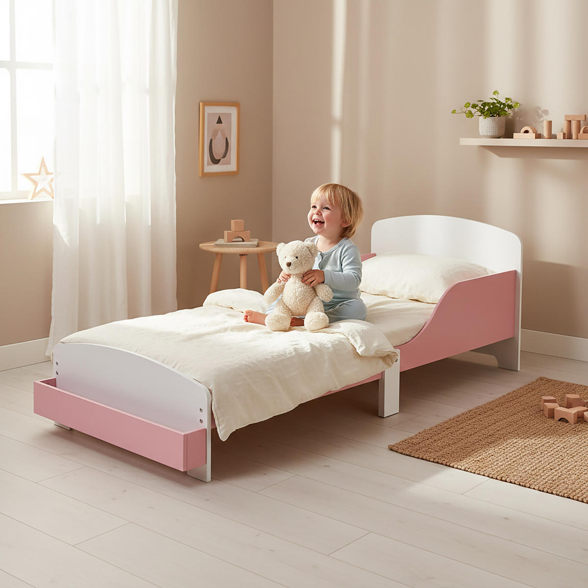 KINDERBETT Rosa Weiß Rausfallschutz 70x140 cm - Rosa, Holz/Holzwerkstoff - Relaxdays