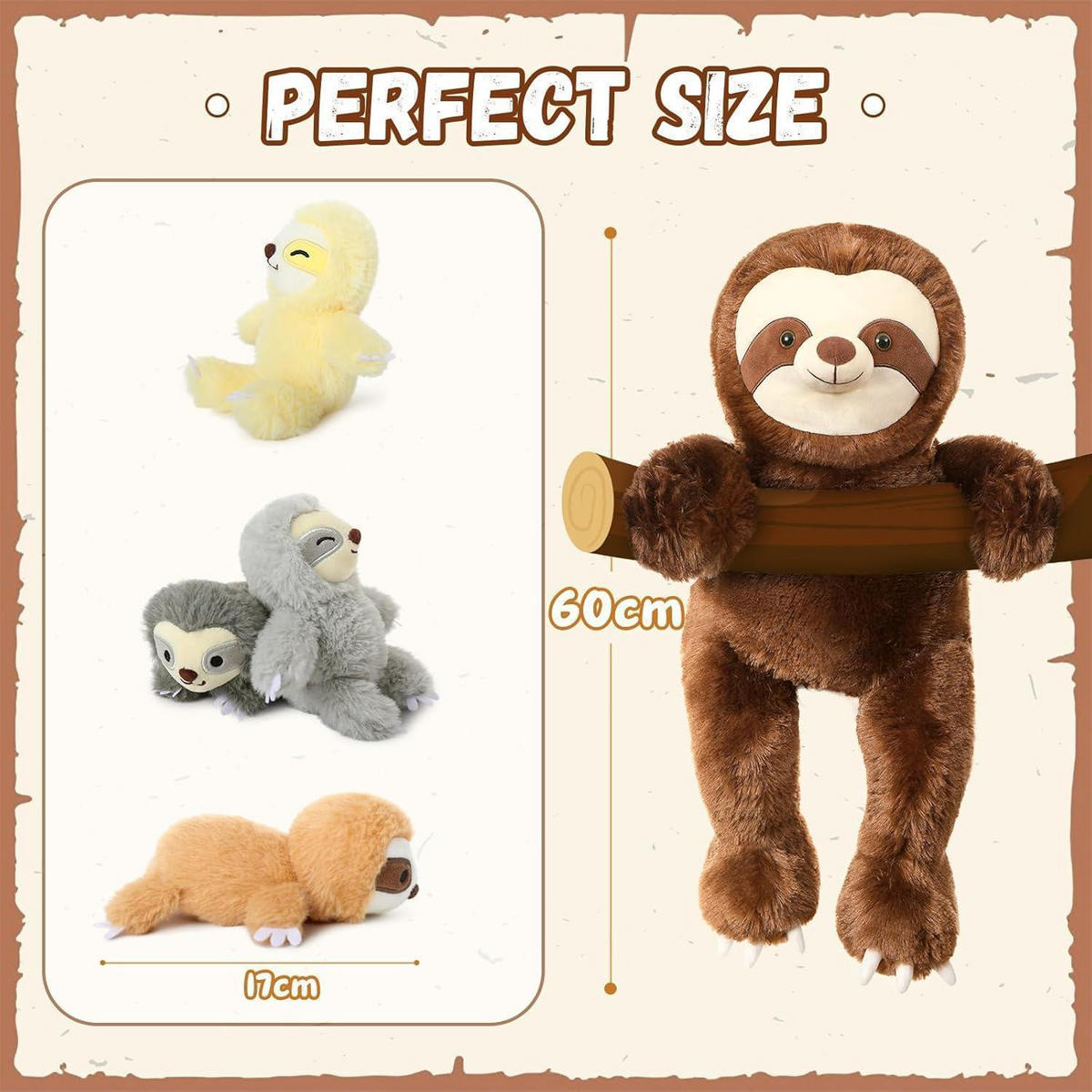 STOFFTIER Faultier Mama mit 4 Babys 60 cm - Braun, Textil (200/10cm)