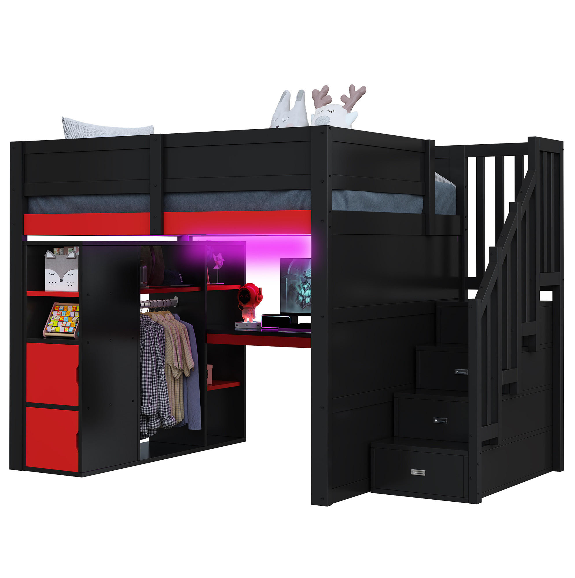 HOCHBETT aus MDF und Sperrholz 140x200 cm Schwarz/Rot mit Schreibtisch, LED-Beleuchtung und Treppe mit Stauraum - Schwarz, Holzwerkstoff (140/200cm) - Modfu
