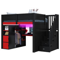 HOCHBETT aus MDF und Sperrholz 140x200 cm Schwarz/Rot mit Schreibtisch, LED-Beleuchtung und Treppe mit Stauraum - Schwarz, Holzwerkstoff (140/200cm) - Modfu