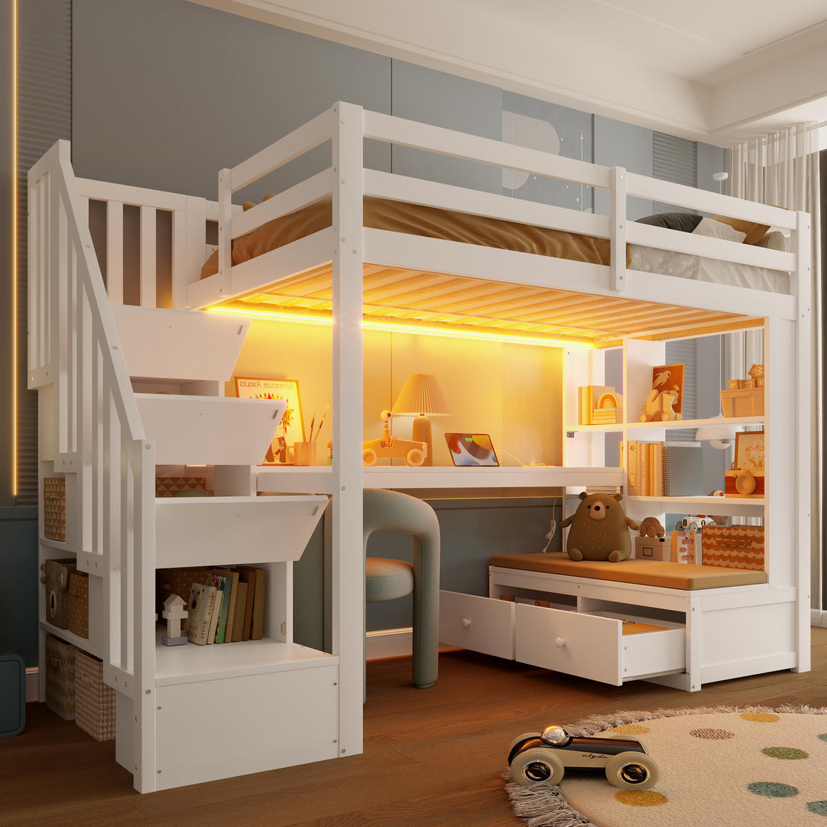 HOCHBETT 90/200 cm weiß aus Kiefer mit Schreibtisch mit Schubladen und Treppe - Weiß, Holzwerkstoff (90/200cm) - OKWISH