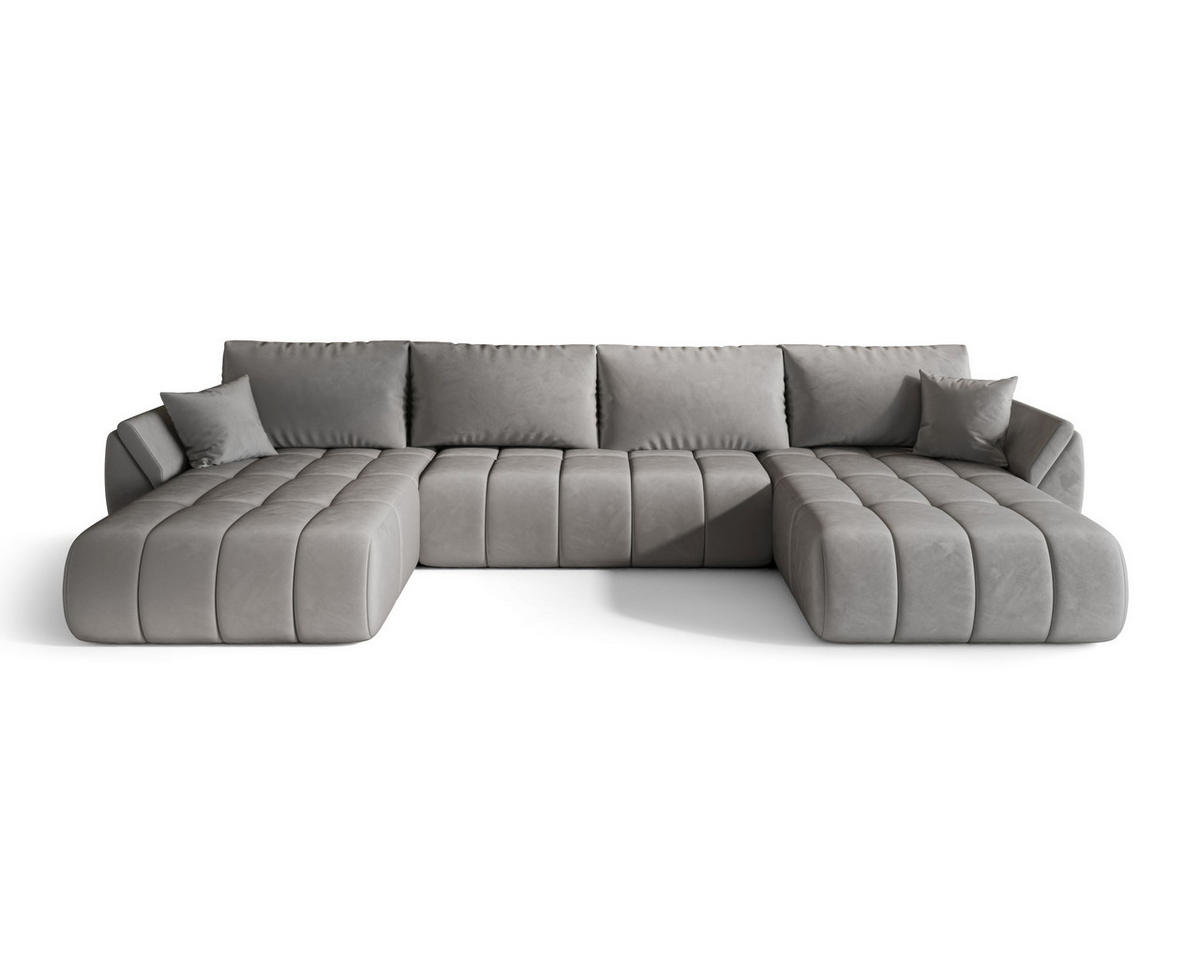 WOHNLANDSCHAFT SYDNEY PREMIUM U-Form hellgrau Velours Monolith 84 - Schlaffunktion, Bettkasten - Hellgrau, Textil (385/85/175cm) - Cornero