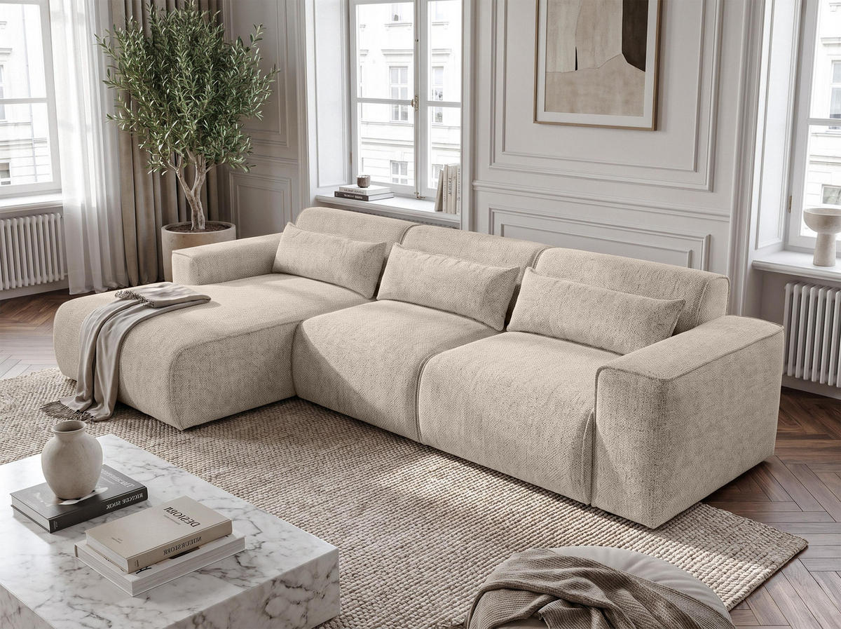 ECKSOFA L Form Ruyam Creme 310/165/78 cm – Schlaffunktion Links - Creme/Schwarz, Kunststoff/Textil (170/310cm) - AX Living
