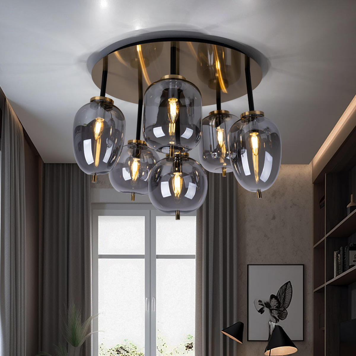 DECKENLEUCHTE Metall Glas Grau 6 Flammig - Grau, Glas (65/65/38cm) - Globo Lighting