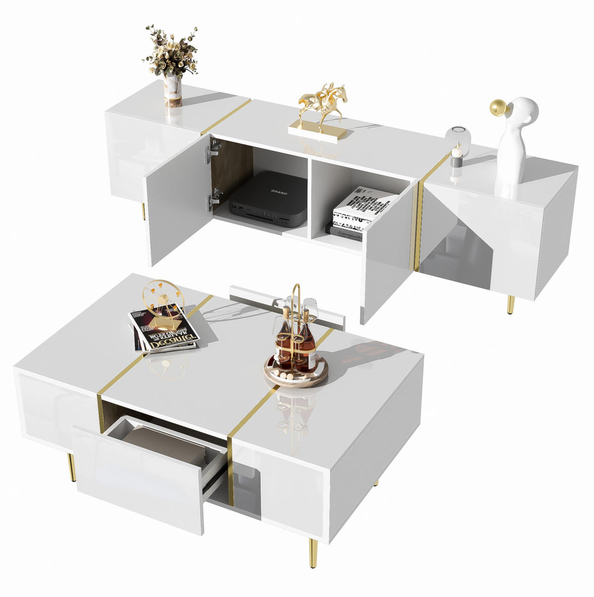 TV-ELEMENT mit Couchtisch - Kombination 2er-Set in Hochglanz Weiß - Weiß, Holzwerkstoff (170/46/35cm) - OKWISH