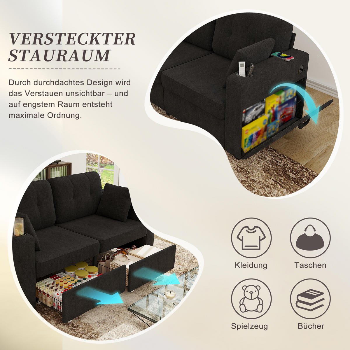 2-SITZER Sofa aus Chenille 172x75x82 cm in Schwarz mit USB & Stauraumschubladen - Schwarz, Textil (75/82/172cm) - Modfu
