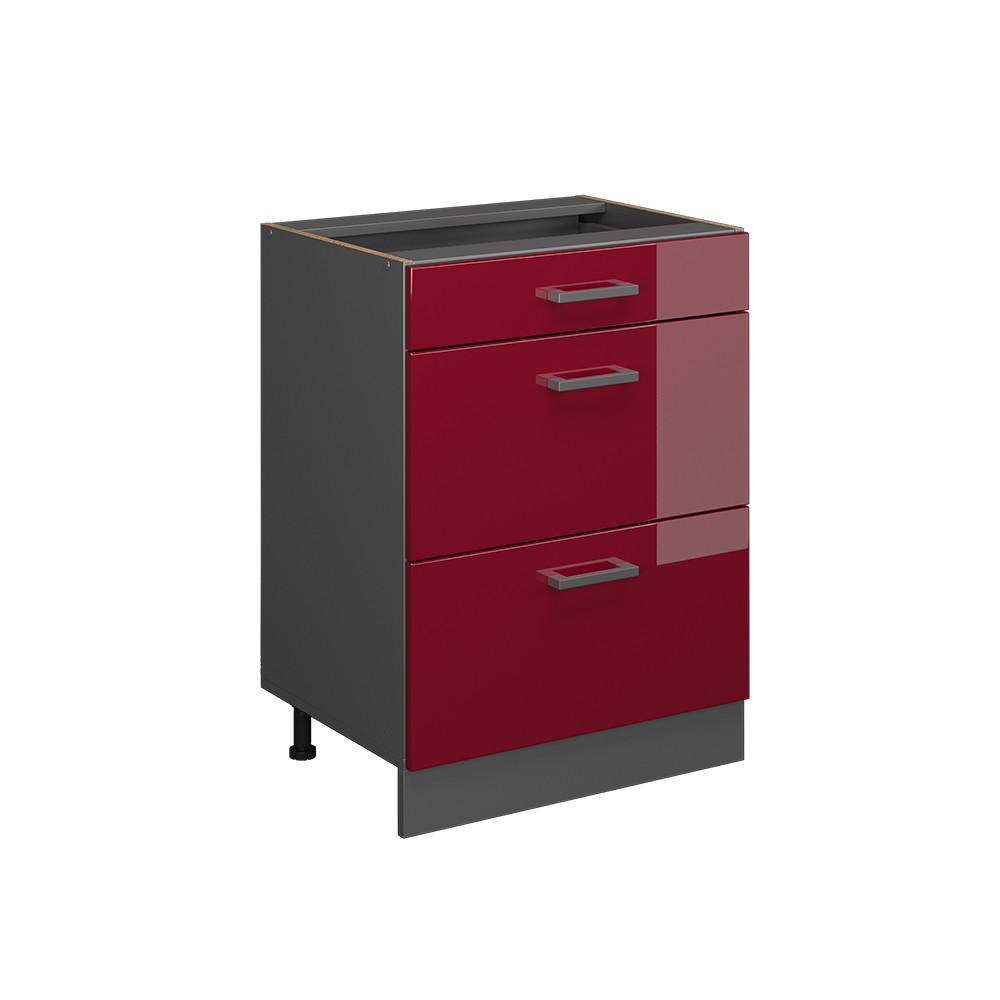 KÜCHENUNTERSCHRANK R-Line Rot Hochglanz 60 cm mit Schubladen, ohne Arbeitsplatte - Bordeaux/Anthrazit, Holzwerkstoff (60/81.6/46cm) - Vicco
