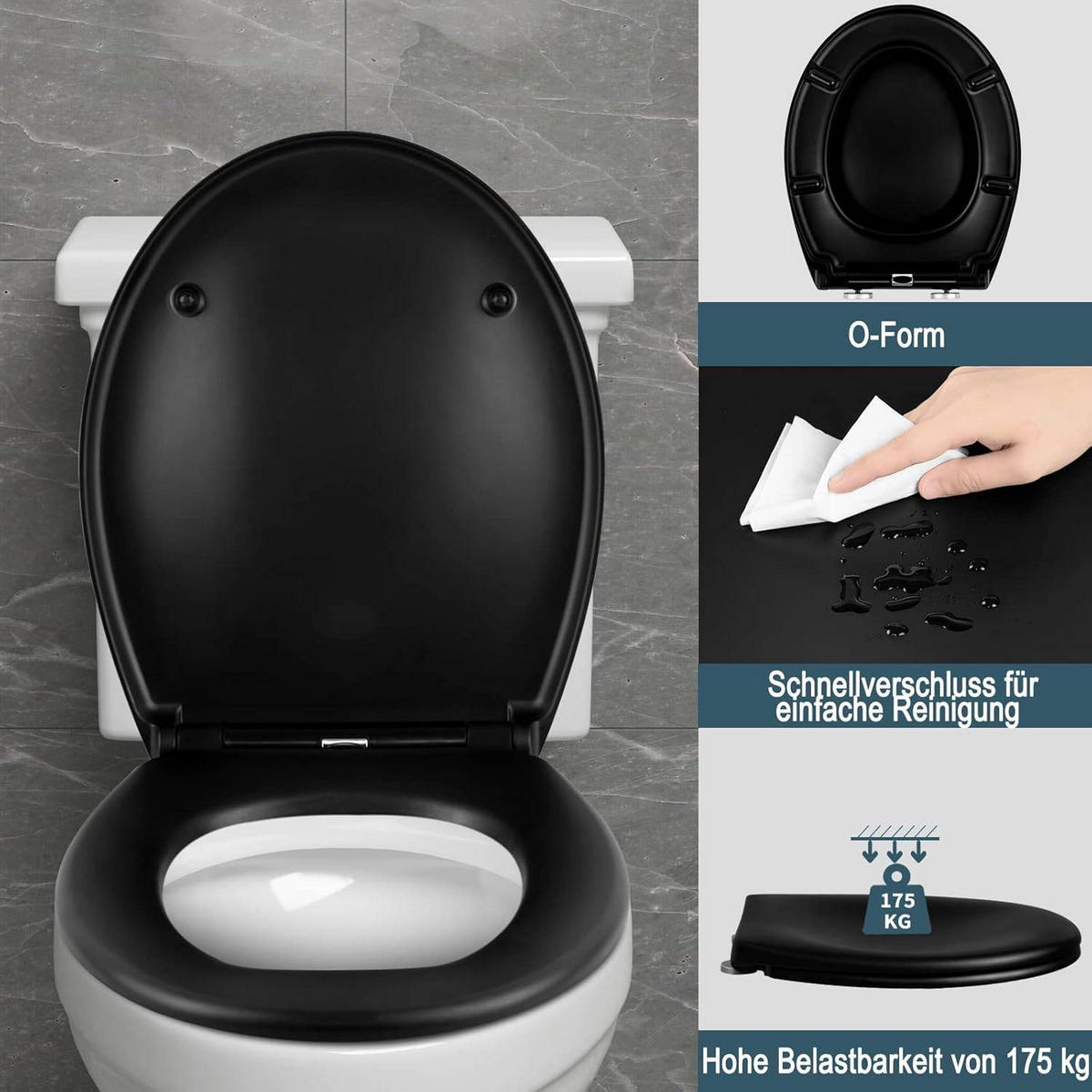 WC SITZ mit Absenkautomatik, Antibakteriell, Matt-schwarz - Schwarz, Kunststoff (37/2.5/45cm) - Woltu