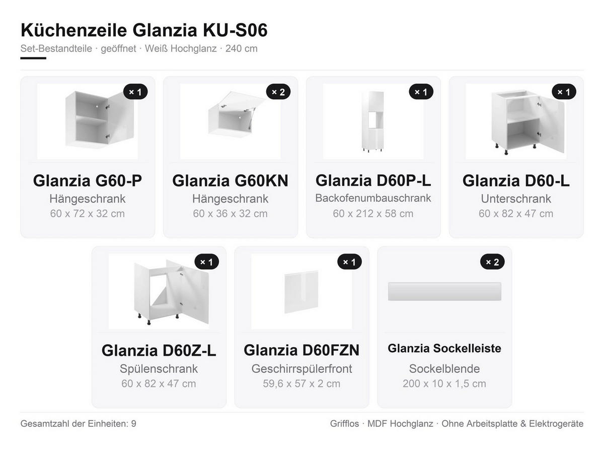 KÜCHENZEILE 240 cm Glanzia – KU-S06 – Weiß – Hochglanz - Weiß Hochglanz, Holzwerkstoff (240/212/47cm) - hi-markt