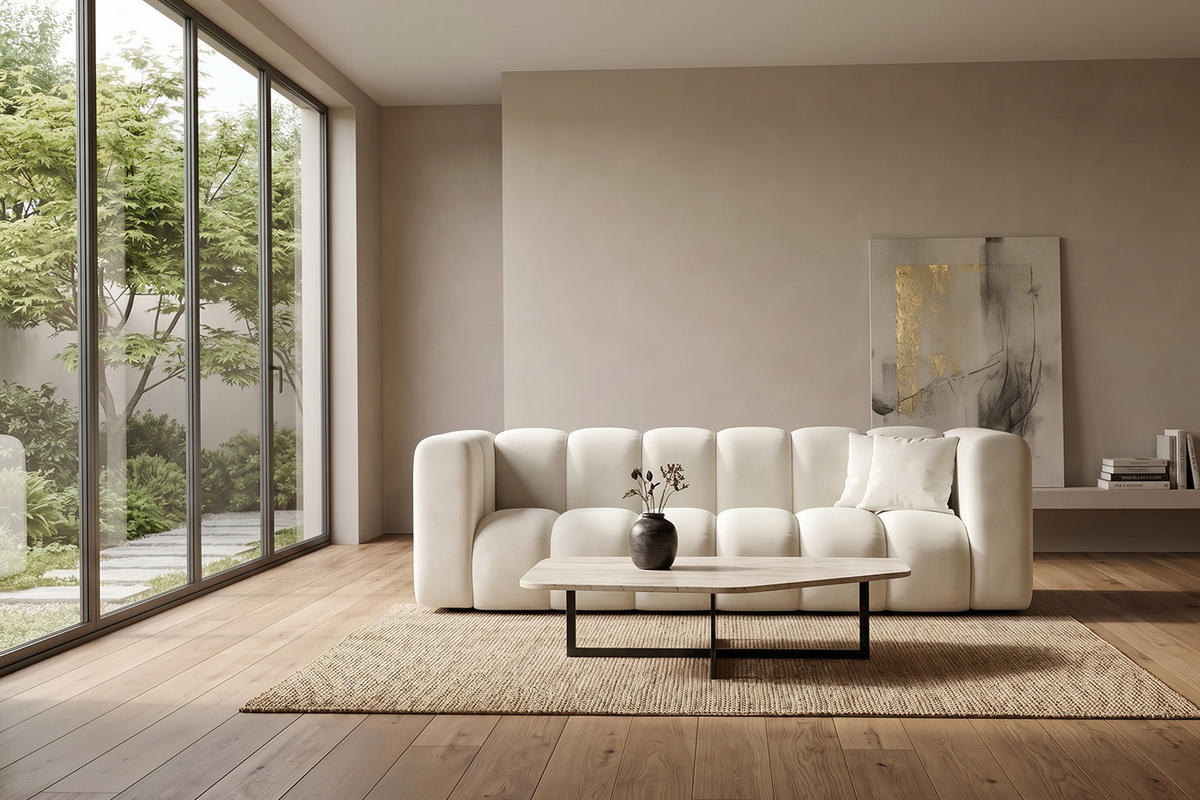 SOFA 3-Sitzer Modulares, Velvet-Stoff Riviera, Ecru, GRAND - Creme, Holz (230/70/89cm) - Kaiser Möbel