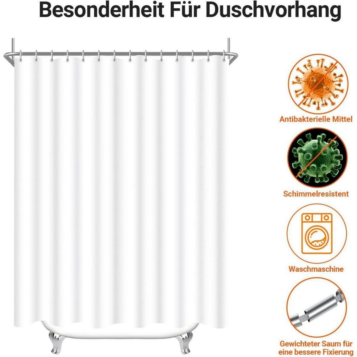 DUSCHVORHANG 120x180 cm Reinweiß Beschwerter Saum Wasserabweisend Waschbar Polyester Stoff - Weiß, Textil (120/180cm)