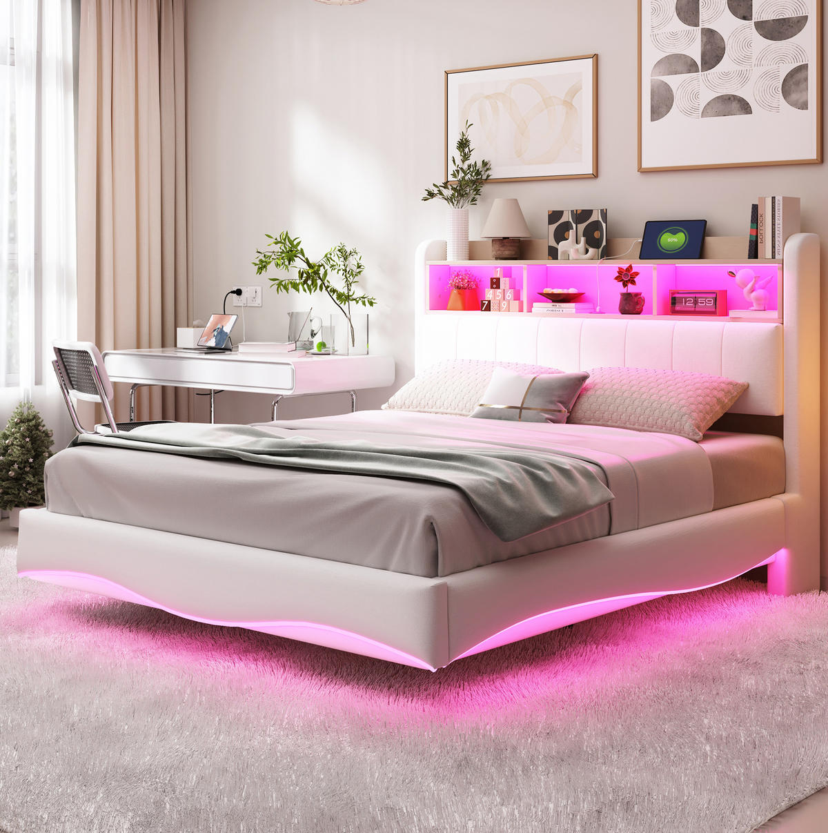 POLSTERBETT 140/200 cm aus Stoff mit LED-Licht und USB-Anschlüssen Beige - Beige, Textil (140/200cm) - OKMYHOME