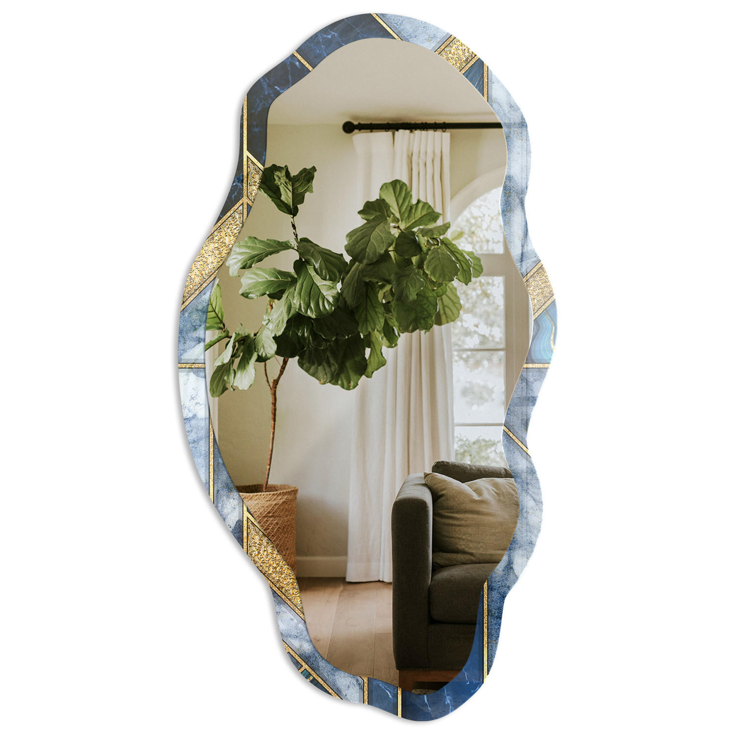 SPIEGEL 90x45 cm asymmetrisch mit Druck - Blaues Mosaik - Transparent, Glas (45/90/0.4cm) - TULUP
