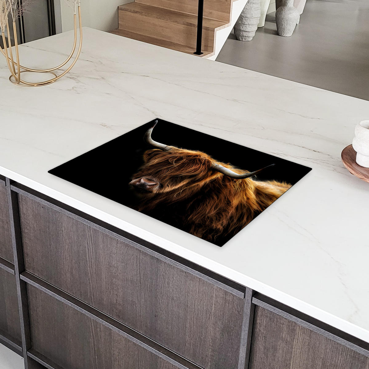 HERDABDECKPLATTE Schottischer Highlander - Hörner - Schwarz - Tiere - Natur - Wild - Kuh Herdabdeckung Induktionsfeld 70x52 cm - Cognac, Kunststoff (70/52/0.2cm) - MuchoWow