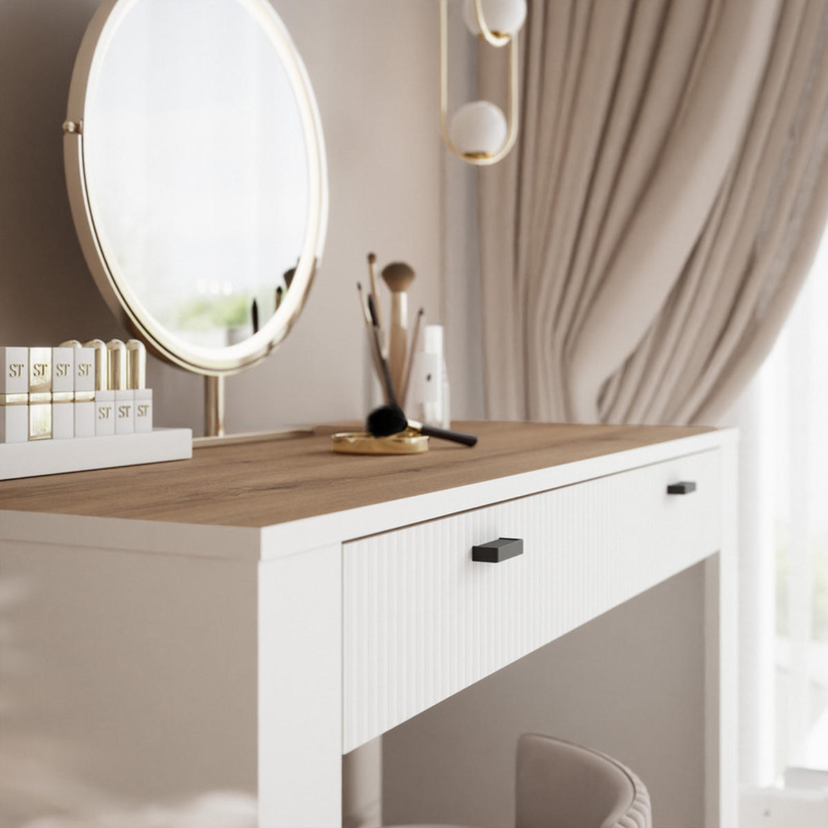 SCHMINKTISCH AVENA mit 2 Schubladen, 102 cm Weiß/Eiche - Weiß, Holzwerkstoff/Kunststoff (102/79/50cm) - Idohome