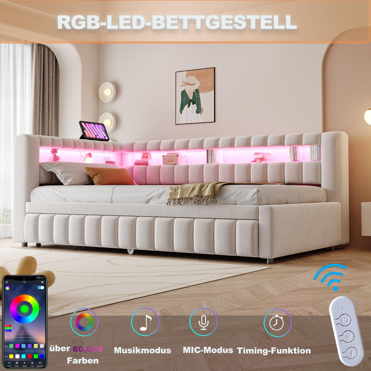 ROZKLÁDACÍ čalouněná postel 90/200 cm s LED osvětlením, USB-C portem a výsuvným lůžkem, Béžová - béžová, textil (90/200cm) - Redom