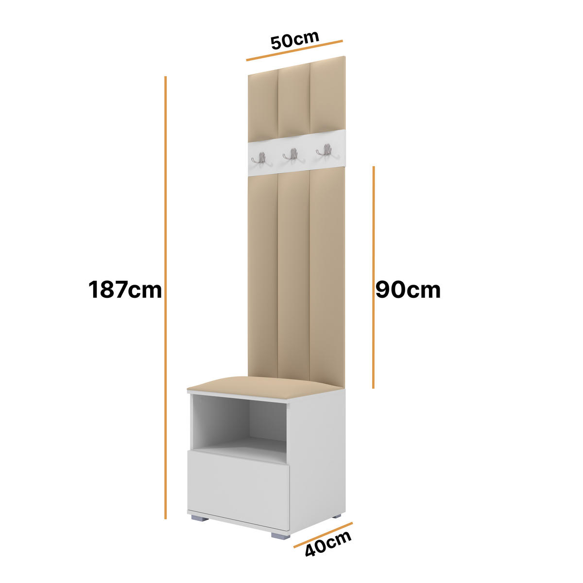 GEPOLSTERT Garderoben-Set Nela IV LUX (Farbe Weiß + Stoff Trinity 04) - Beige/Silberfarben, Holz/Holzwerkstoff (50/187/40cm) - Ravio