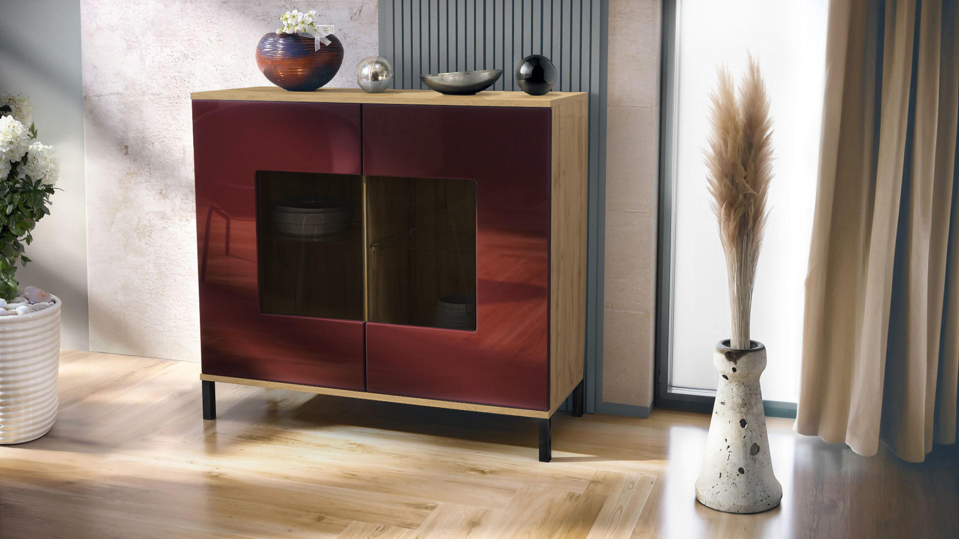 KOMMODE Grömitz Bordeaux Hochglanz - Bordeaux, Holzwerkstoff (92.5/83.5/35cm) - Vladon