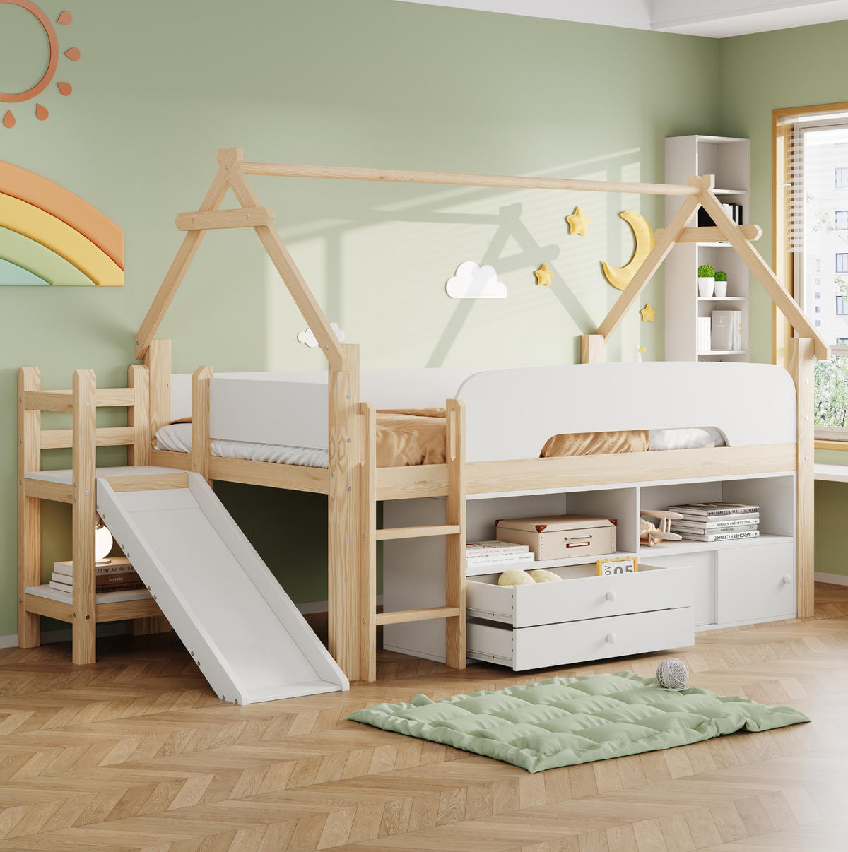 HOCHBETT aus Massivholz und MDF 90x200 cm Natur/Weiß mit Rutsche, Stauraum und Dachrahmen - Weiß, Holz (90/200cm) - Modfu