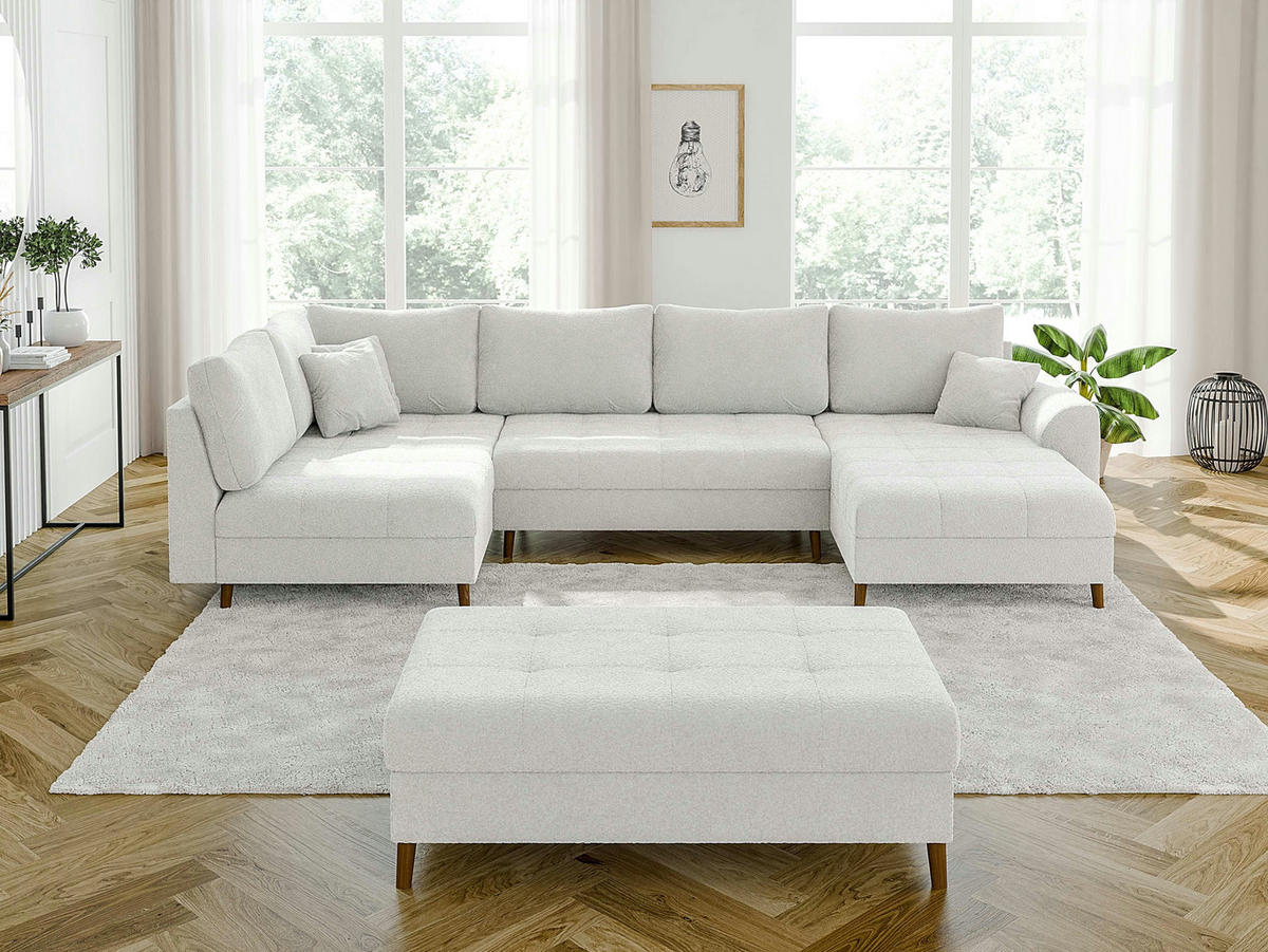 WOHNLANDSCHAFT inkl. Hocker Henrik Weiß Boucle - Weiß/Braun, Holz/Textil (310/81/161cm) - S-Style Möbel