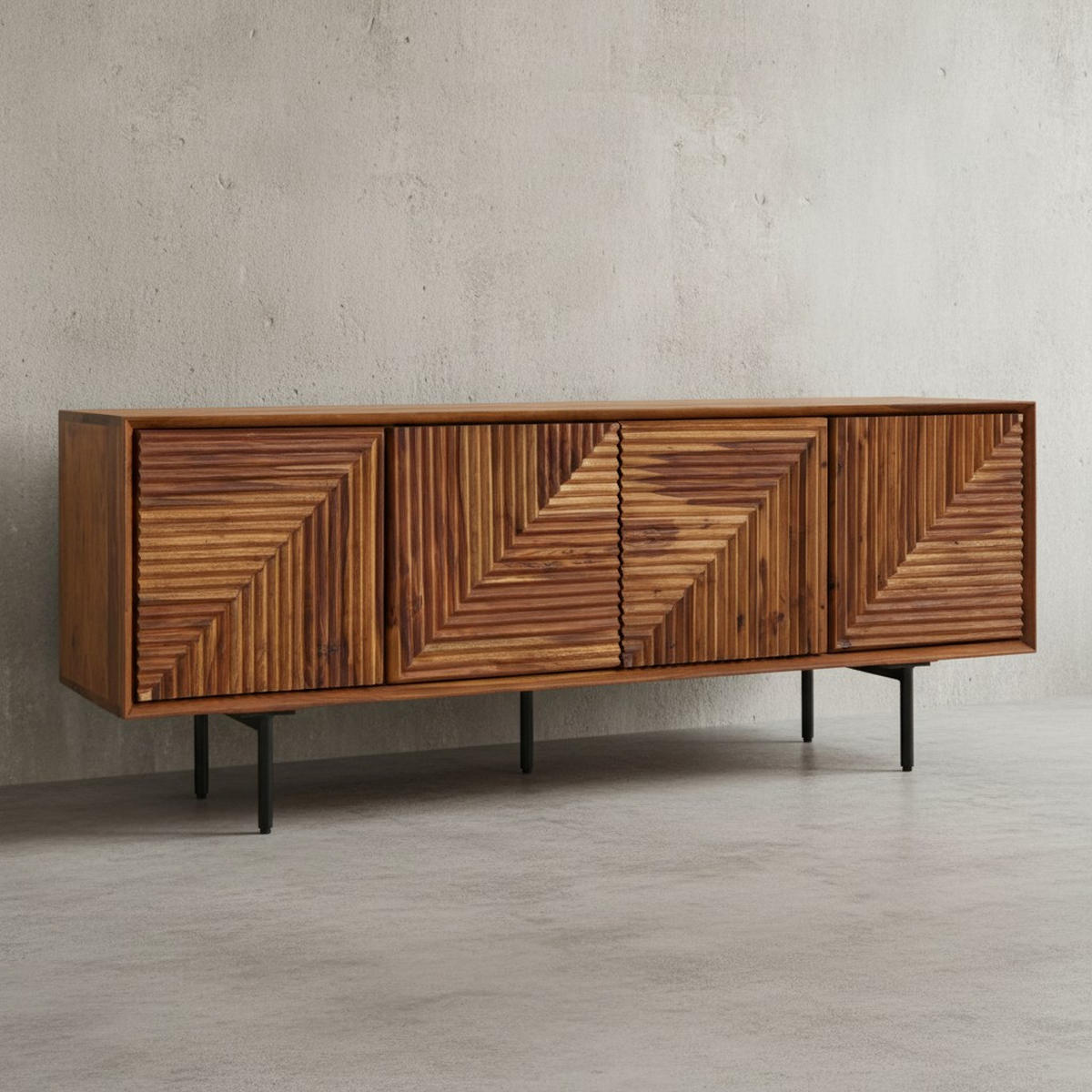 LOWBOARD Massivholz Modern Stil Modell Spectrum mit 3D-Oberfläche und Edelstahl-Gestell - Schwarz/Braun, Holz/Metall (140/54/33cm) - KADIMA DESIGN