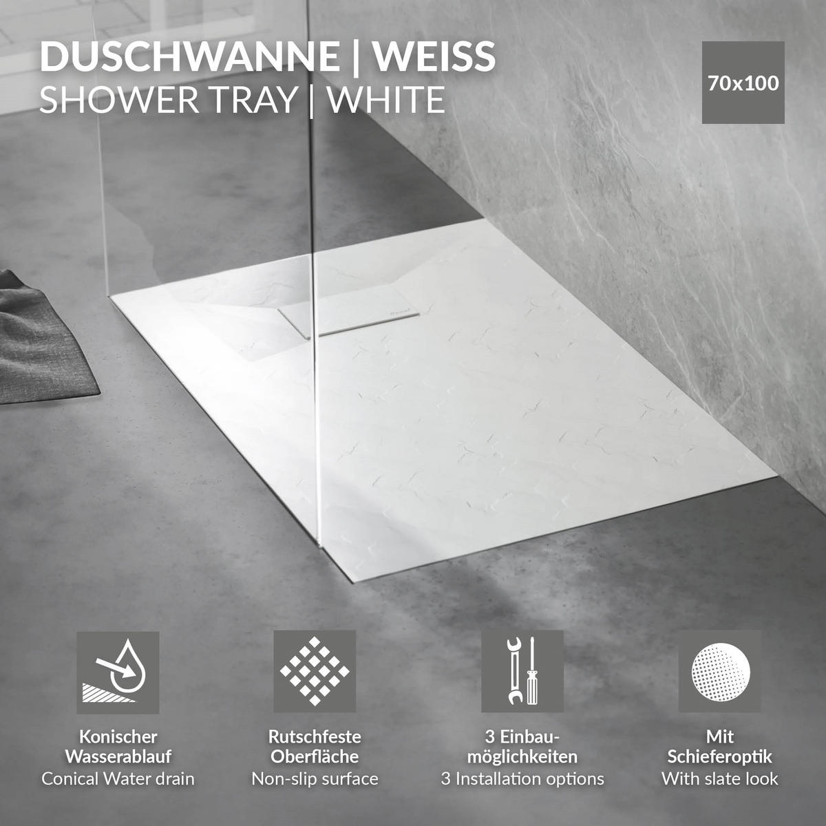 SPRCHOVÁ VANICKÁ 100x70 cm bílá s odtokovou sadou z SMC - bílá, plast (70/3/100cm) - LuxeBath
