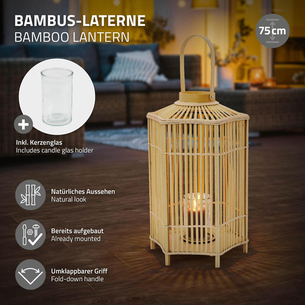 BAMBUSOVÁ LAMPION H: 75 cm Barva dřeva Boho styl - přírodní, dřevo (35/75/35cm) - ECD-Germany