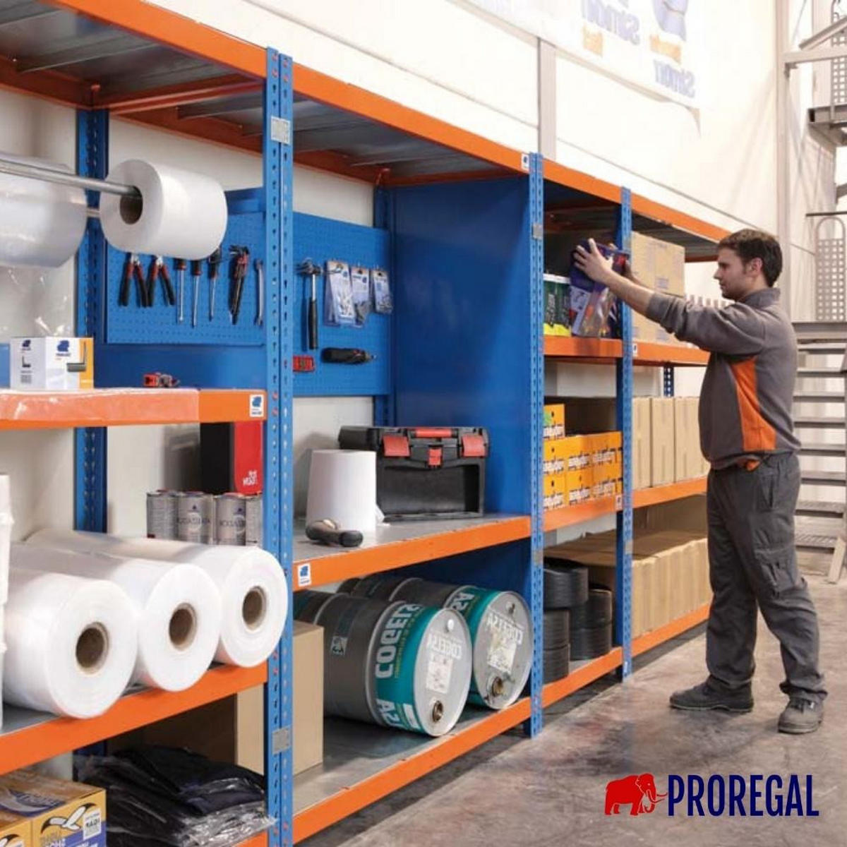 SCHWERLASTREGAL Wood Beast Three HxBxT 200 x 240 x 60 cm 3 Ebenen Fachlast 400 kg Blau-Orange - Gelb, Metall (240/200/60cm) - PROREGAL