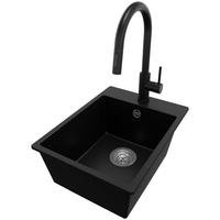GRANITSPÜLE Riga, 2-er set Schwarz 38/50 cm 1 Becken + Küchenarmatur 40/20 cm + Ablauf-Set ab 40er Unterschrank - Chromfarben/Schwarz, Kunststoff (38/20/50cm) - Primagran