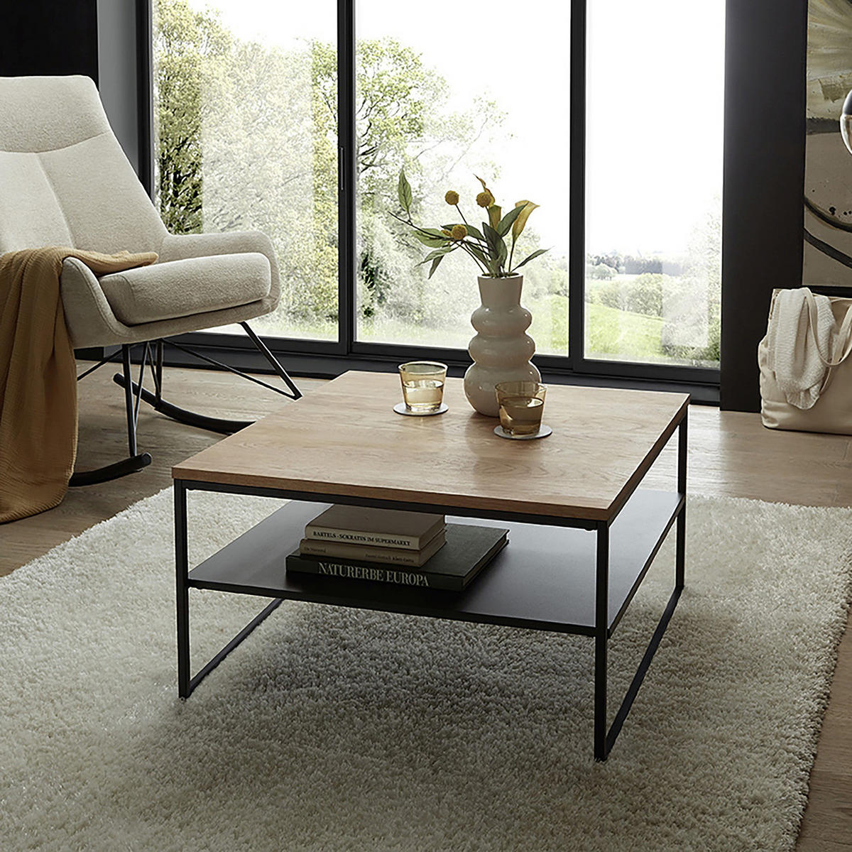 COUCHTISCH - Massivholz Eiche / Metall - Eichefarben/Schwarz, Holz/Metall (70/70/40cm) - home24
