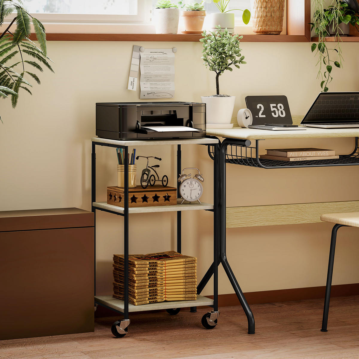 DRUCKERTISCH mit Rolle, Stahl, 39 x 34,5 x 81,5 cm - Grau, Metall (34.5/39/81.5cm) - HOMCOM