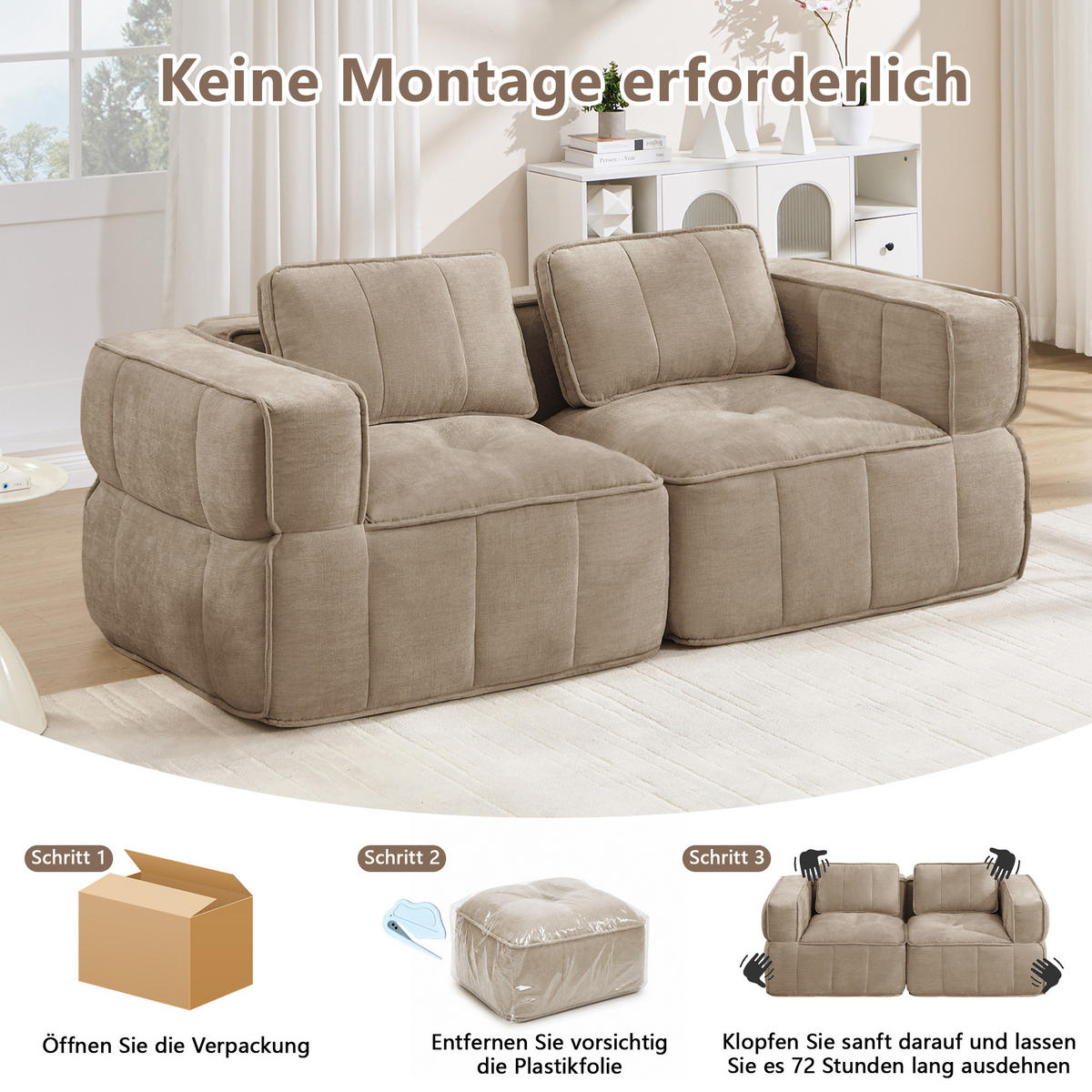 CANAPEA 2 LOCURI, minimalist, Poliester-nisipiu - taupe, material textil (93/67/198cm) - KOMHTOM