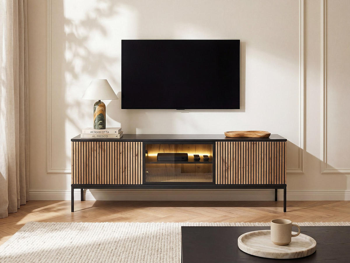TV-BOARD - 153.4 cm x 39 cm - holz - schwarz, naturfarben hell Ovila - Schwarz/Naturfarben, Glas/Holz (153.4/56.2/39cm) - Vente-Unique