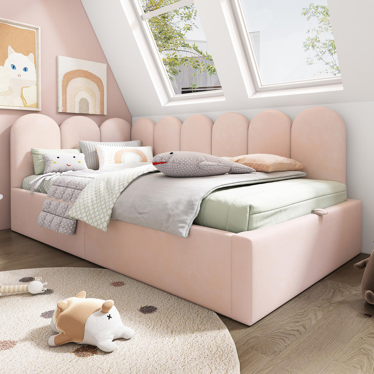 POLSTERBETT 90/190 cm mit hydraulischem Bettkasten, Samtbezug und Metall-Lattenrost, Rosa - Rosa, Textil (90/190cm) - Redom