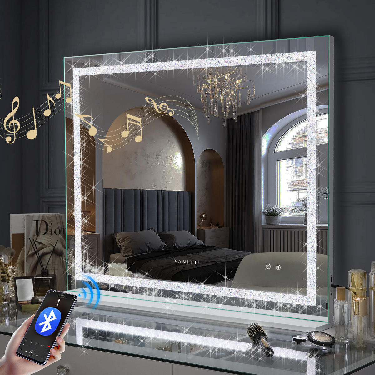 SCHMINKSPIEGEL mit LED Lichtleiste mit Diamant-Effekt und Bluetooth weiß 100/80 cm - Weiß, Metall (108/92/15cm) - VANITII