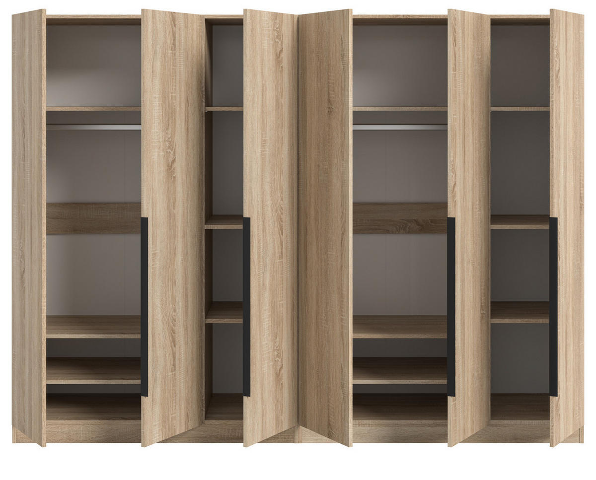 KLEIDERSCHRANK Eiche Sonoma 6-türig 240 x 181 cm, Drehtürenschrank mit Kleiderstange - Eichefarben/Schwarz, Holzwerkstoff/Kunststoff (240/181/52cm) - Inn.Furn