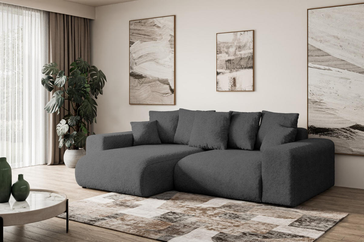 ECKSOFA mit Schlaffunktion und Bettkasten ESKAR-L 256x165x84cm Grau Bouclé - Schwarz/Grau, Holzwerkstoff/Kunststoff (165/256cm) - ALTDECOR