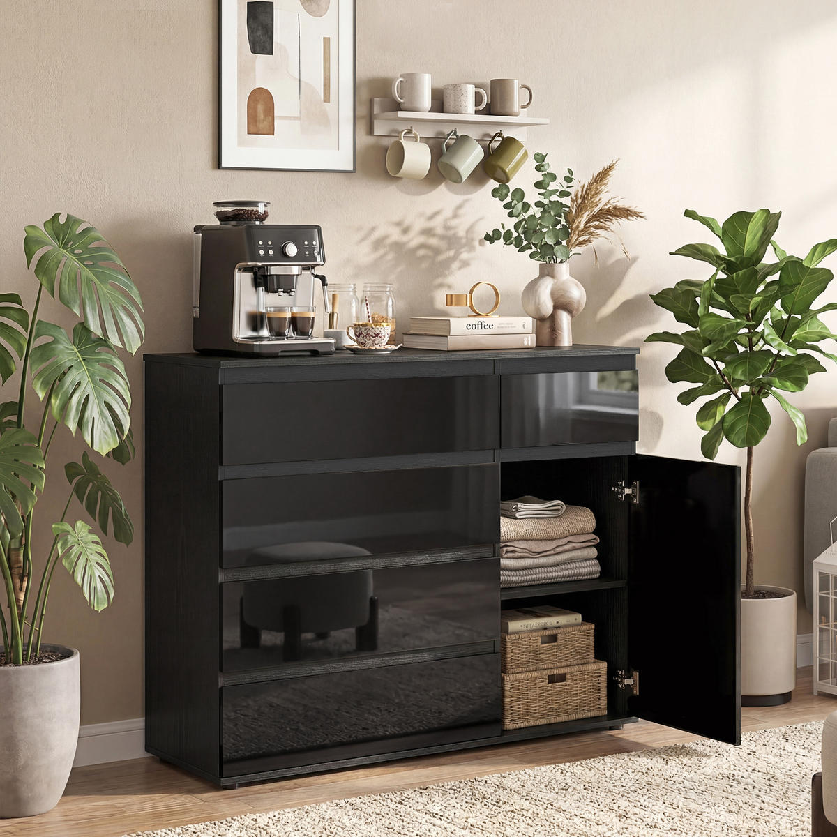 SIDEBOARD Schwarz Hochglanz mit 5 Schubladen und Soft-Close-Tür - Schwarz, Holzwerkstoff (100/80/40cm) - PANGIVO