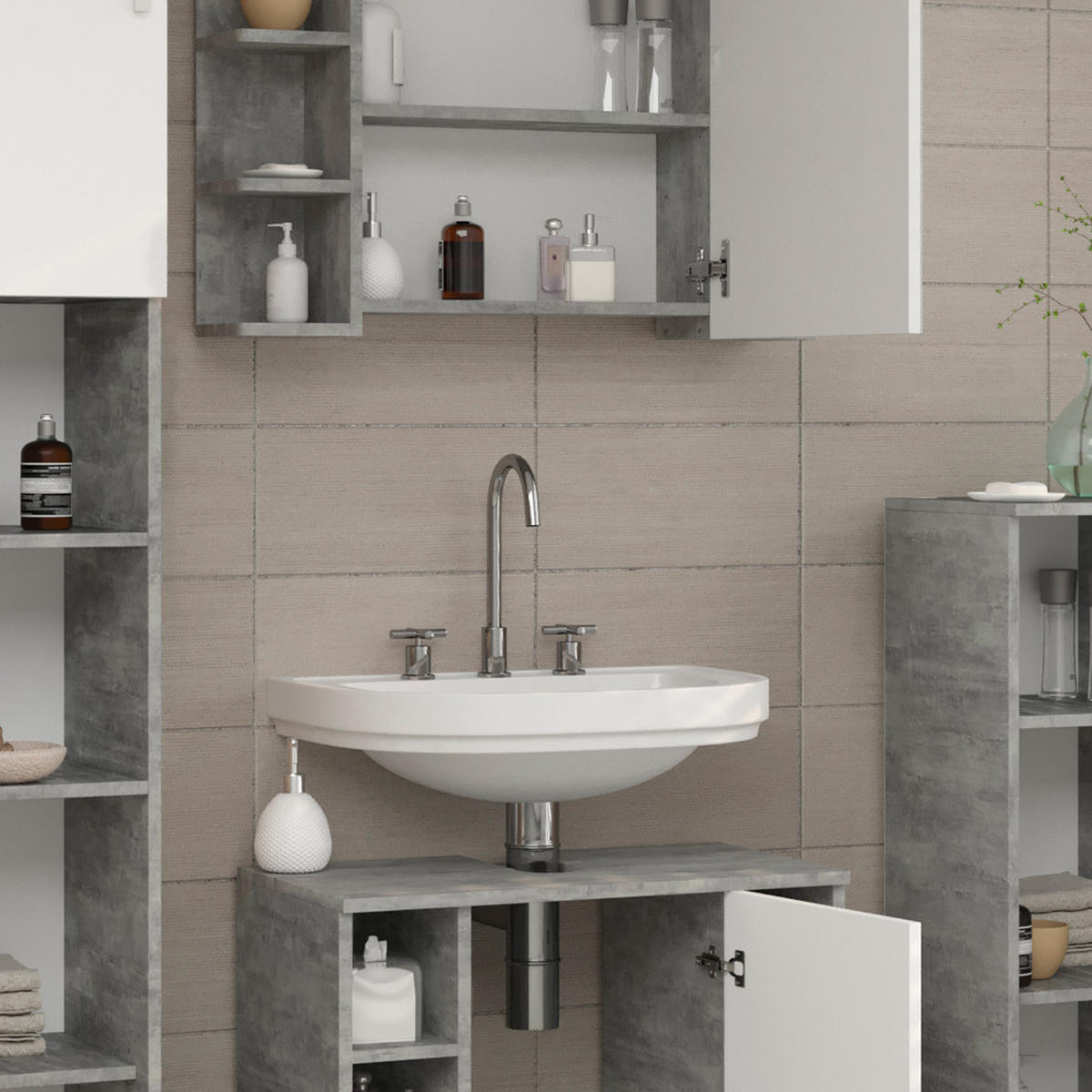 BADMÖBEL-SET Fynn Beton 2 Teile - Weiß/Grau, Holzwerkstoff (60/54/32cm) - Vicco