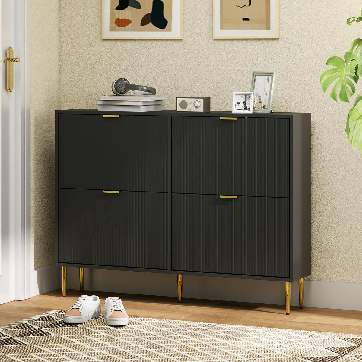SCHUHKIPPER DE-15073 4 Klapp-Schubladen, geriffelte Türen Schwarz - Schwarz, Holzwerkstoff (105/91.5/24cm) - ComfortXL