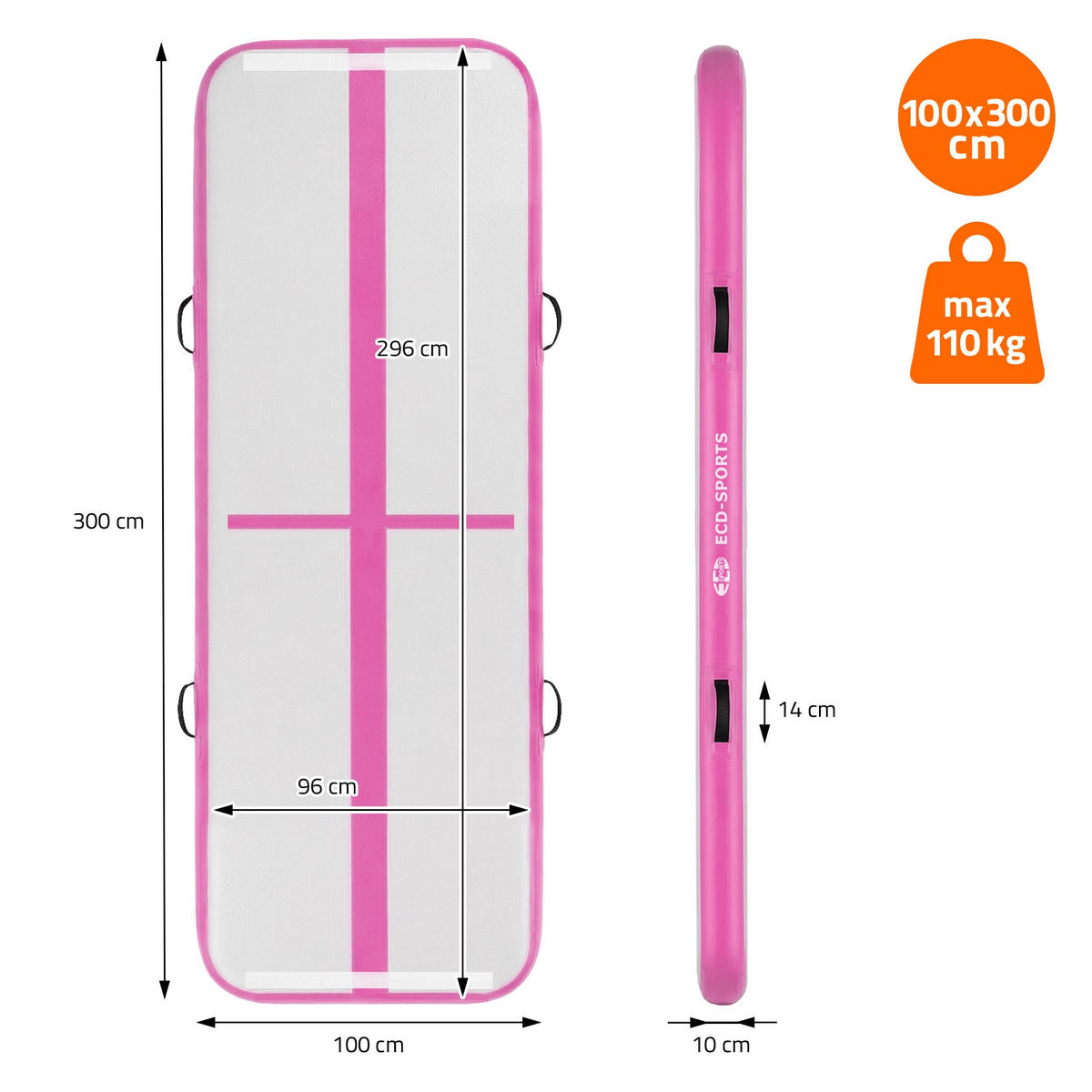 NAFUKOVACÍ gymnastická podložka Airtrack 300x100x10 cm růžová - růžová, plast (100/300cm) - ECD-Germany