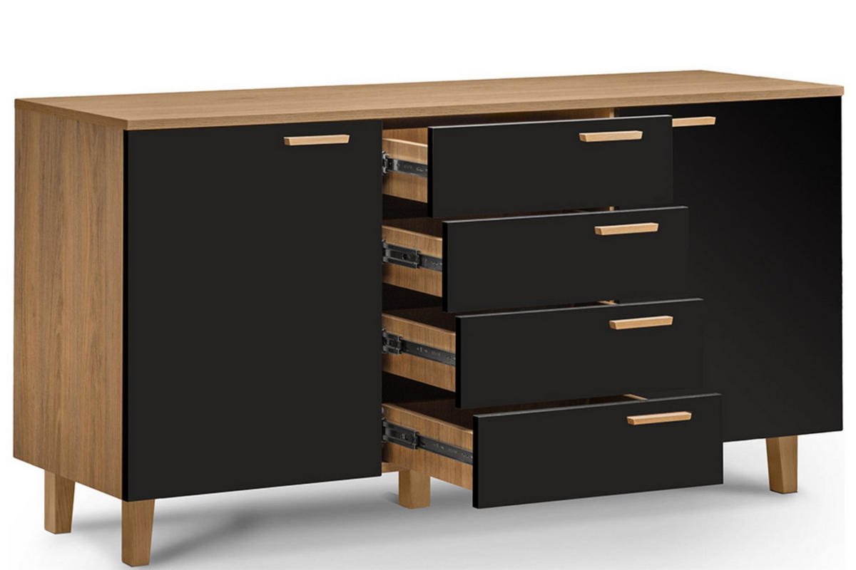 KOMBIKOMMODE FRISK 2 Türen und 4 Schubladen, schwarz - Eichefarben/Schwarz, Eichenholz/Holzwerkstoff (150/81/46cm) - KONSIMO®