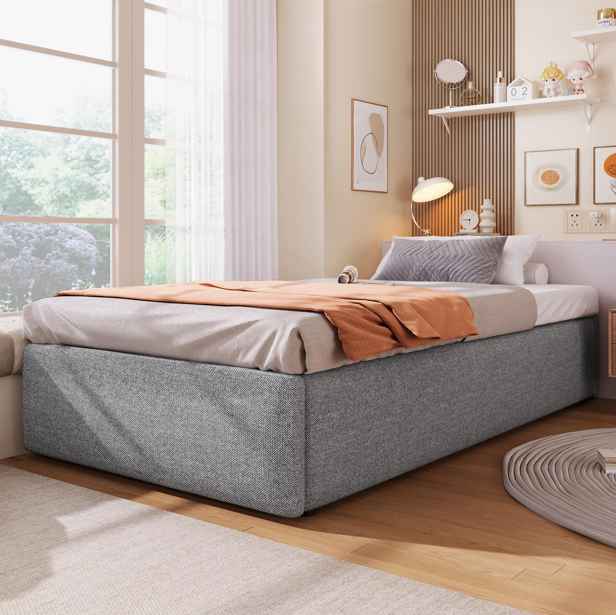 POLSTERBETT 90/200 cm Grau mit Hydraulik und Schublade ohne Matratze - Grau, Textil (90/200cm) - MIVRAY