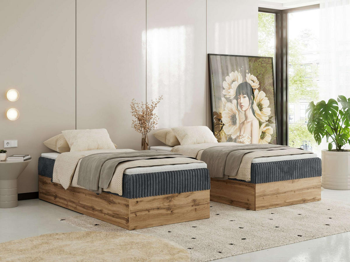 BOXBETT WOOD ZERO 90/200 - Grau Cord - H4 - Topper T25 - Grau, Textil (90/200cm) - MKS