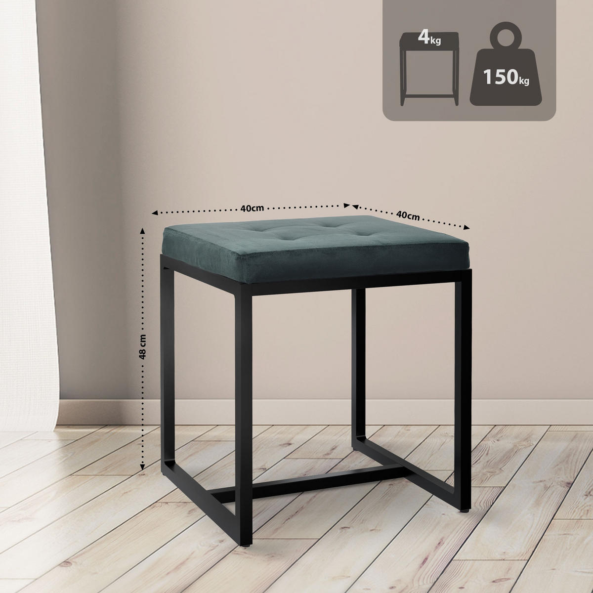 SITZWÜRFEL eckig 40/40/48 cm Samt grün - Schwarz/Grün, Textil/Metall (40/48/40cm) - CLP