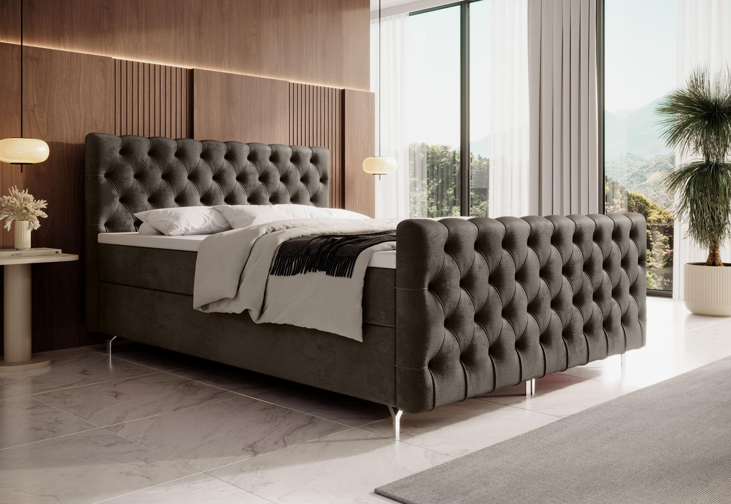 BOXBETT CHESTER 200x200, mit Matratze H3, Bonell und Topper, Monolith 15 - Braun, Holz/Textil (200/200cm) - Bedante